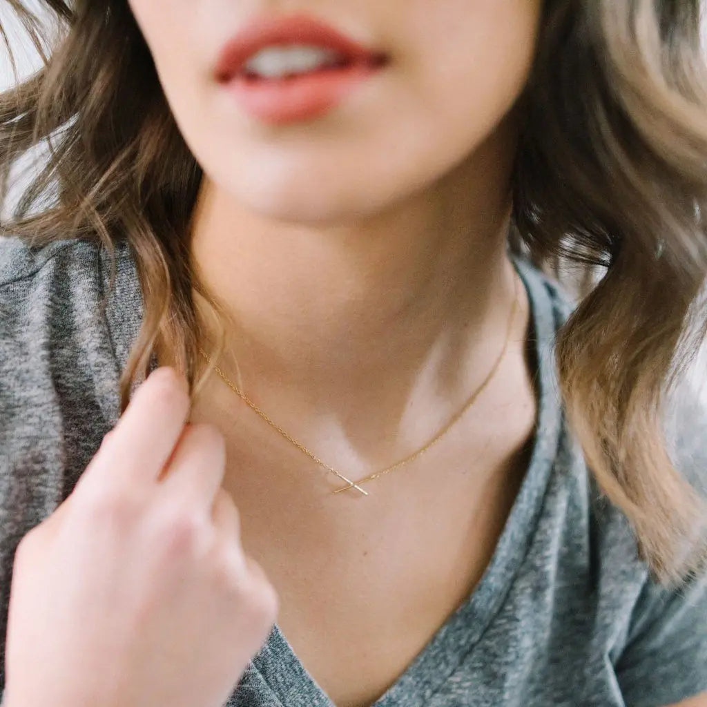 Crossed X Bar Pendant Necklace — Delicate Whisper Thin Chain Minimalist - Necklaces