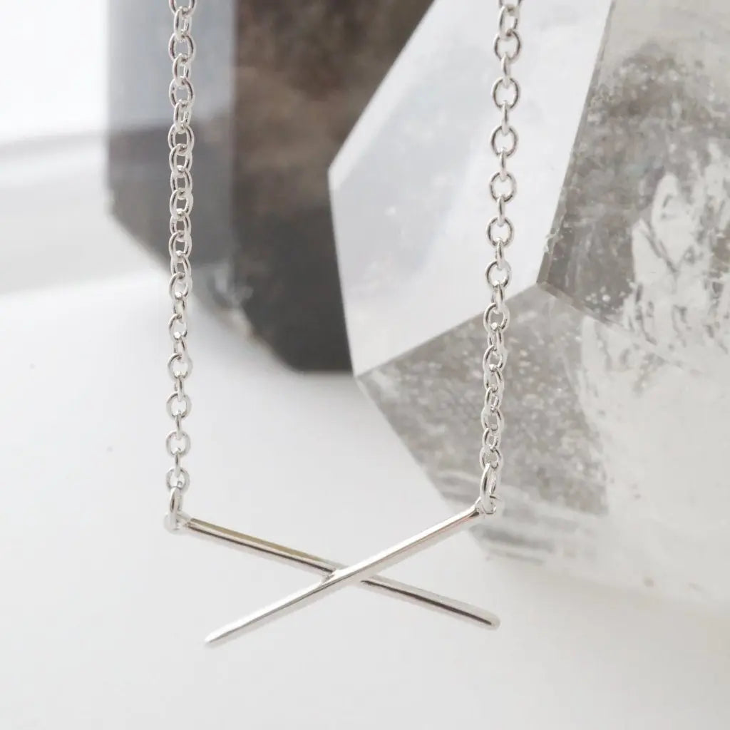 Crossed X Bar Pendant Necklace — Delicate Whisper Thin Chain Minimalist - Necklaces