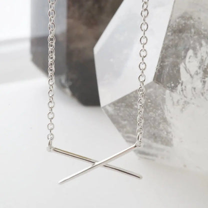 Crossed X Bar Pendant Necklace — Delicate Whisper Thin Chain Minimalist - Necklaces