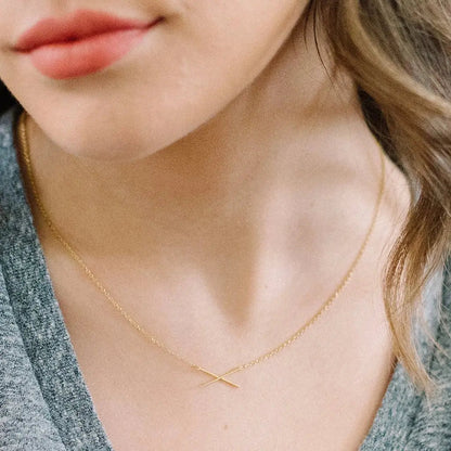Crossed X Bar Pendant Necklace — Delicate Whisper Thin Chain Minimalist - Necklaces