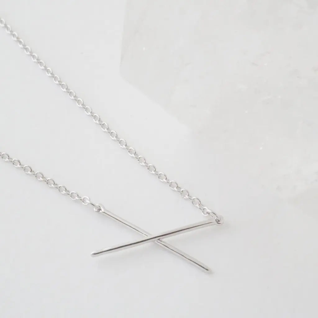 Crossed X Bar Pendant Necklace — Delicate Whisper Thin Chain Minimalist - Necklaces