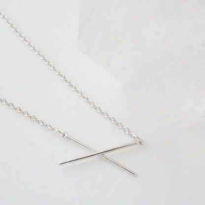 Crossed X Bar Pendant Necklace — Delicate Whisper Thin Chain Minimalist - Necklaces