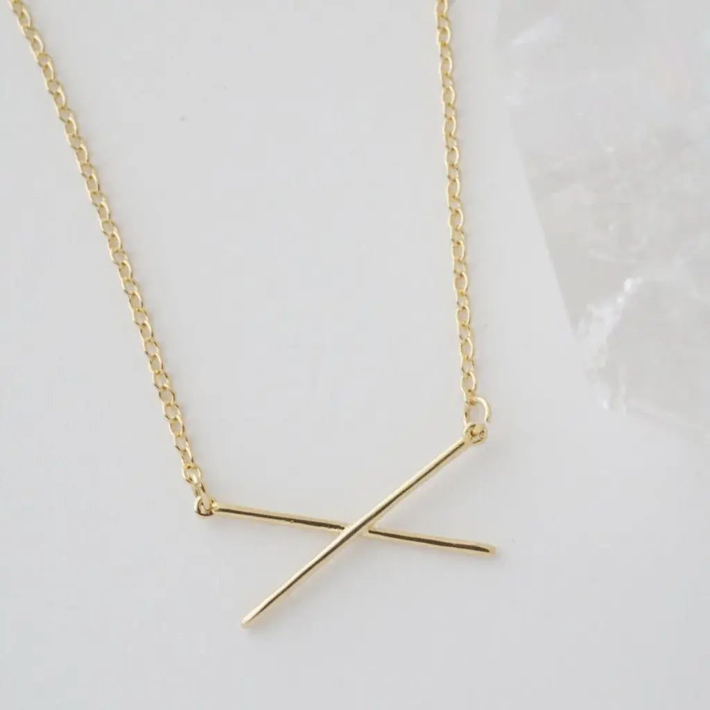Crossed X Bar Pendant Necklace — Delicate Whisper Thin Chain Minimalist - Necklaces