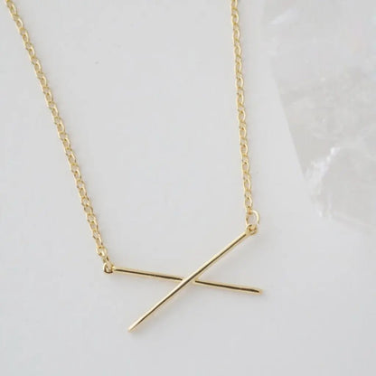 Crossed X Bar Pendant Necklace — Delicate Whisper Thin Chain Minimalist - Necklaces