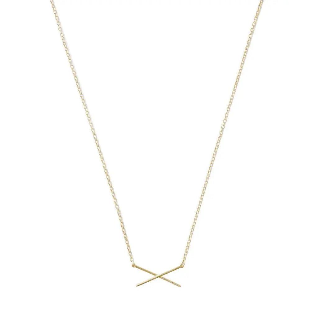 Crossed X Bar Pendant Necklace — Delicate Whisper Thin Chain Minimalist - Gold Necklaces