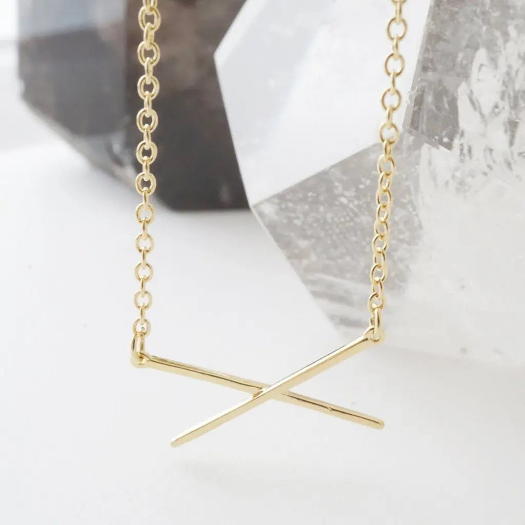 Crossed X Bar Pendant Necklace — Delicate Whisper Thin Chain Minimalist - Necklaces