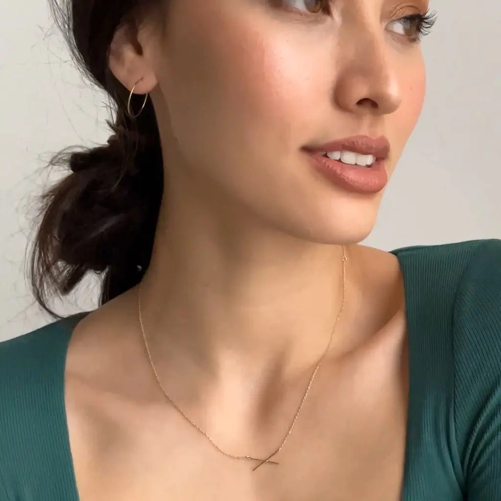 Crossed X Bar Pendant Necklace — Delicate Whisper Thin Chain Minimalist - Necklaces