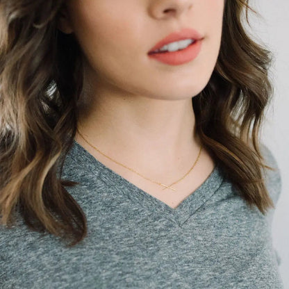 Crossed X Bar Pendant Necklace — Delicate Whisper Thin Chain Minimalist - Necklaces
