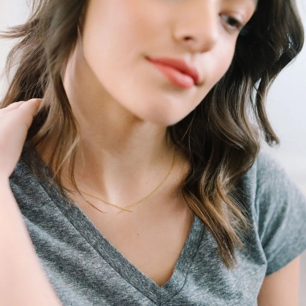 Crossed X Bar Pendant Necklace — Delicate Whisper Thin Chain Minimalist - Necklaces