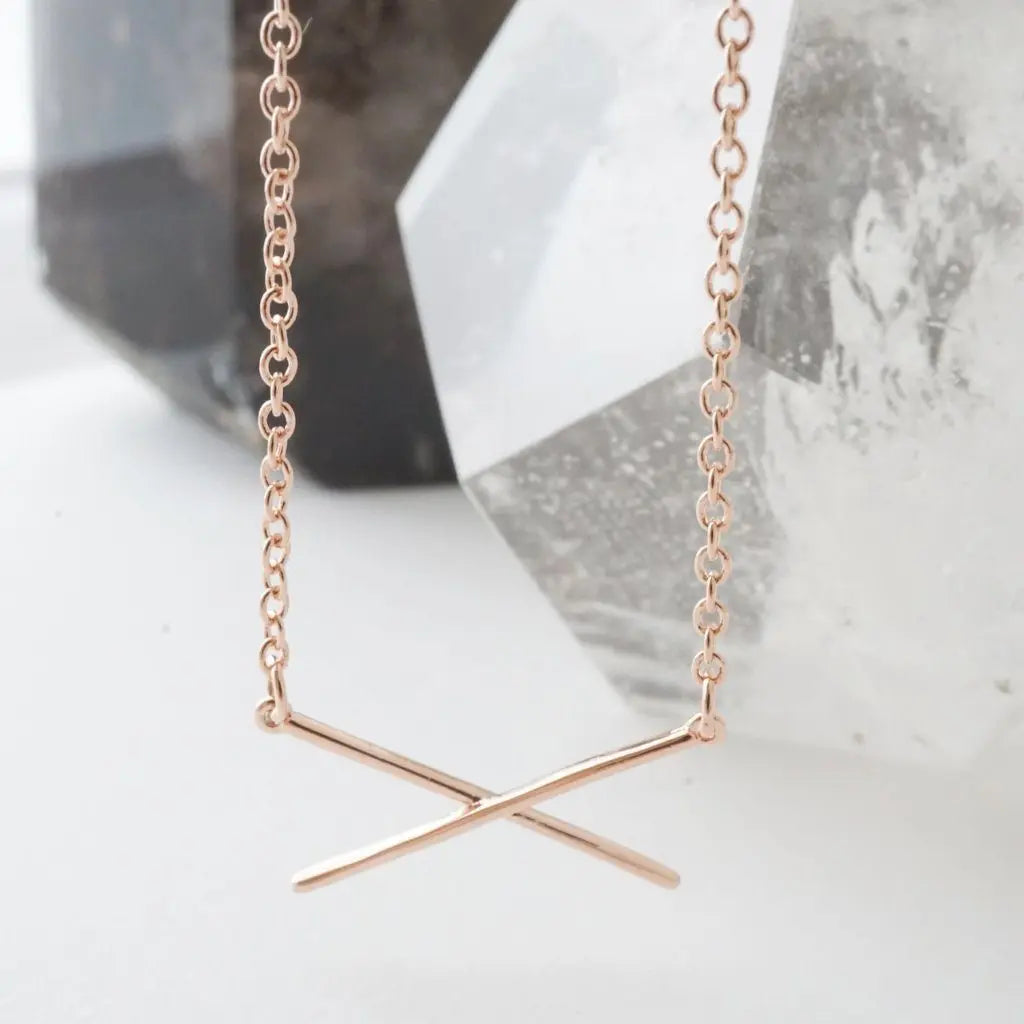 Crossed X Bar Pendant Necklace — Delicate Whisper Thin Chain Minimalist - Necklaces