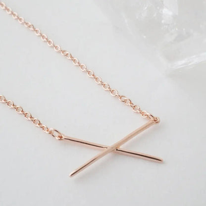 Crossed X Bar Pendant Necklace — Delicate Whisper Thin Chain Minimalist - Necklaces