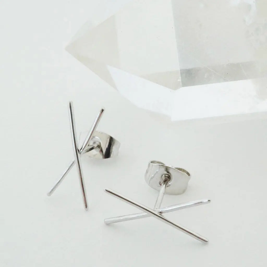 Crossed X Bar Crawler Stud Earrings — Delicate Bold 16mm Minimalist - Earrings