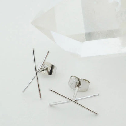 Crossed X Bar Crawler Stud Earrings — Delicate Bold 16mm Minimalist - Earrings