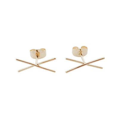 Crossed X Bar Crawler Stud Earrings — Delicate Bold 16mm Minimalist - Rose Gold Earrings
