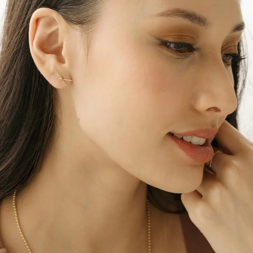 Crossed X Bar Crawler Stud Earrings — Delicate Bold 16mm Minimalist - Earrings
