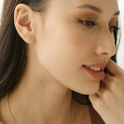 Crossed X Bar Crawler Stud Earrings — Delicate Bold 16mm Minimalist - Earrings