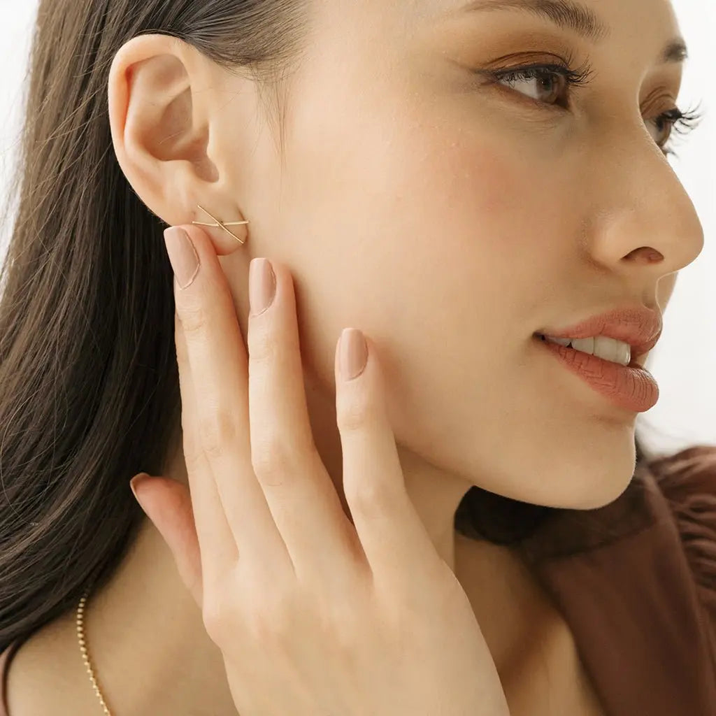 Crossed X Bar Crawler Stud Earrings — Delicate Bold 16mm Minimalist - Earrings