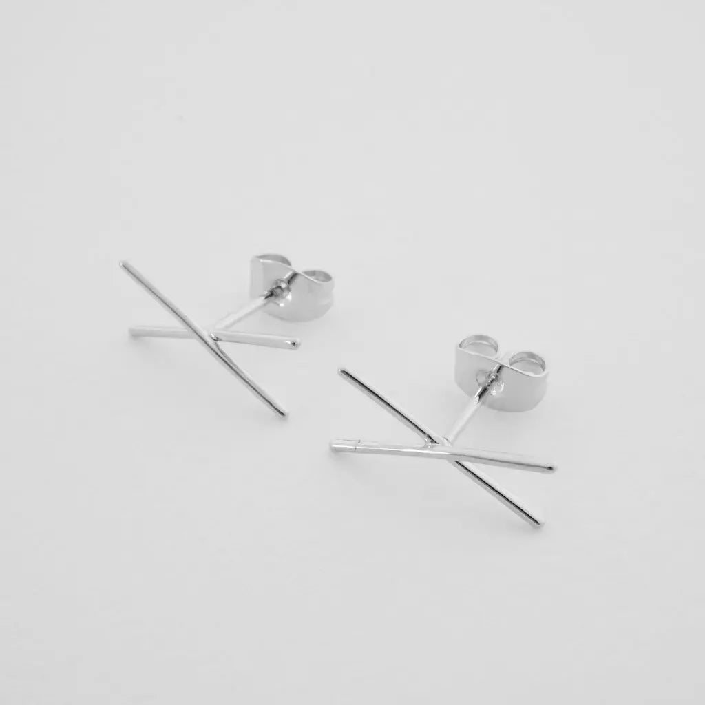 Crossed X Bar Crawler Stud Earrings — Delicate Bold 16mm Minimalist - Earrings