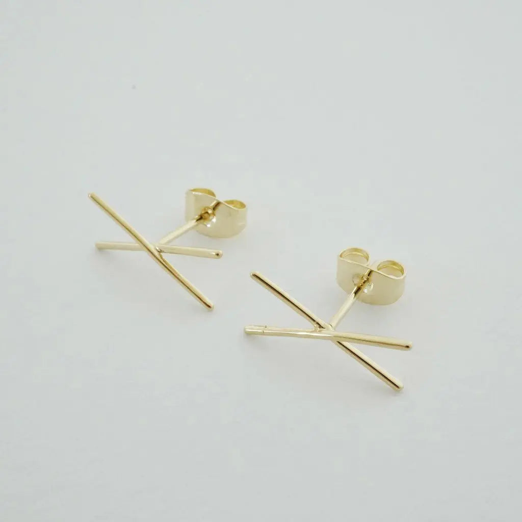 Crossed X Bar Crawler Stud Earrings — Delicate Bold 16mm Minimalist - Earrings