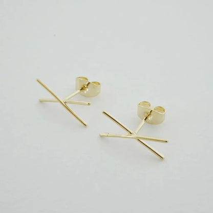 Crossed X Bar Crawler Stud Earrings — Delicate Bold 16mm Minimalist - Earrings