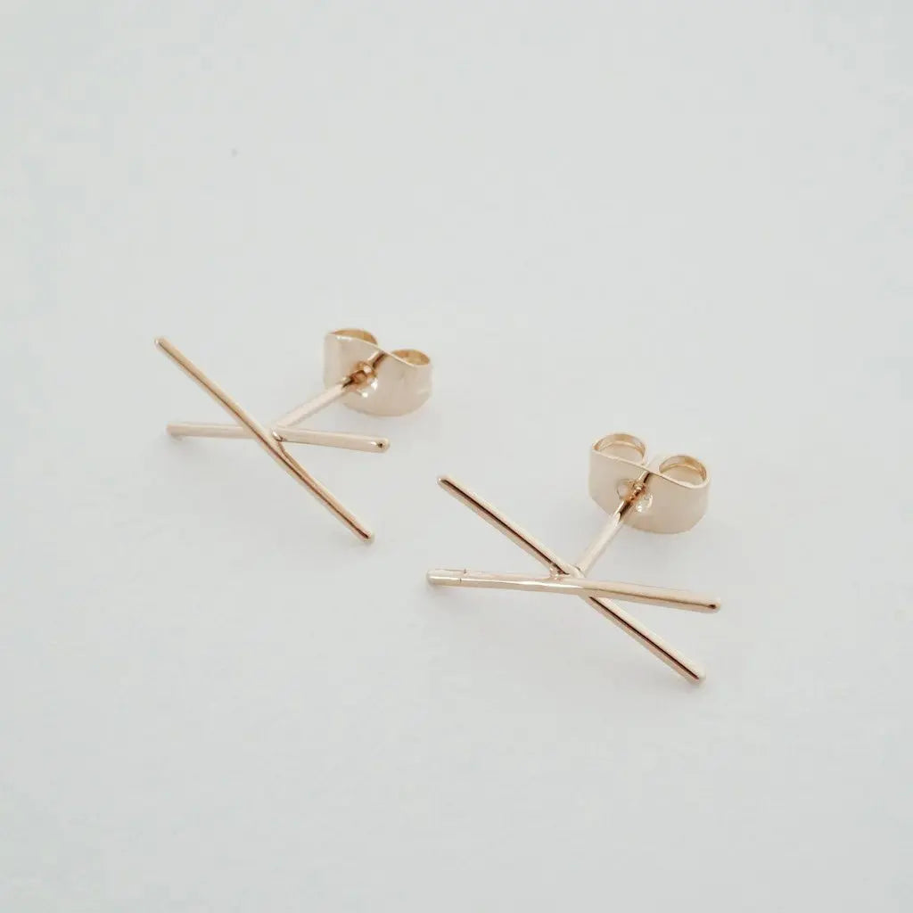 Crossed X Bar Crawler Stud Earrings — Delicate Bold 16mm Minimalist - Earrings