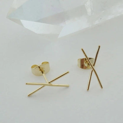 Crossed X Bar Crawler Stud Earrings — Delicate Bold 16mm Minimalist - Earrings