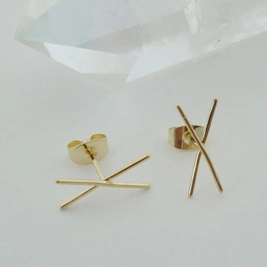 Crossed X Bar Crawler Stud Earrings — Delicate Bold 16mm Minimalist - Earrings
