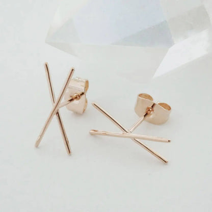 Crossed X Bar Crawler Stud Earrings — Delicate Bold 16mm Minimalist - Earrings