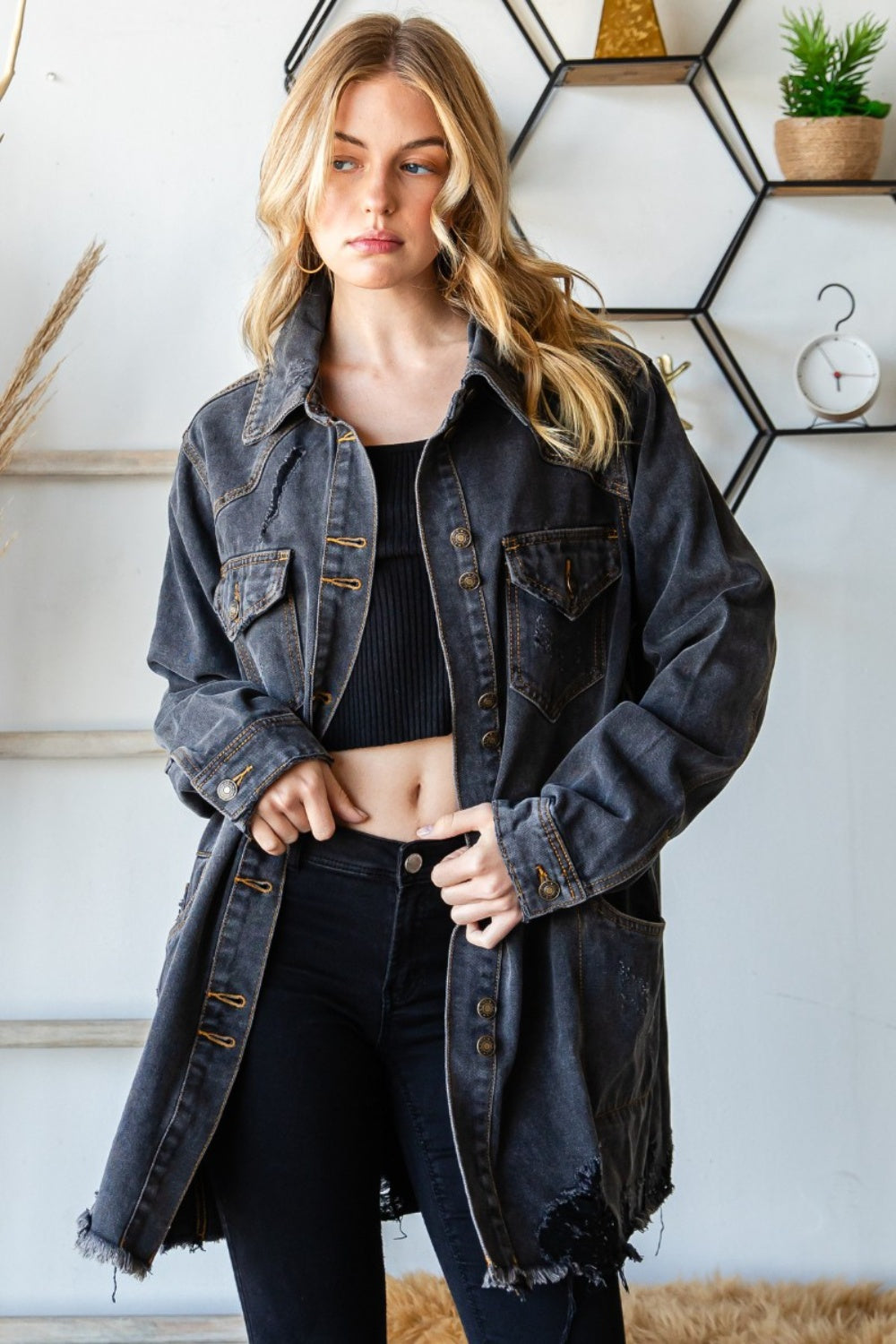 Button Up Distressed Frayed Hem Denim Jacket for Women | Jackets | Ro + Ivy