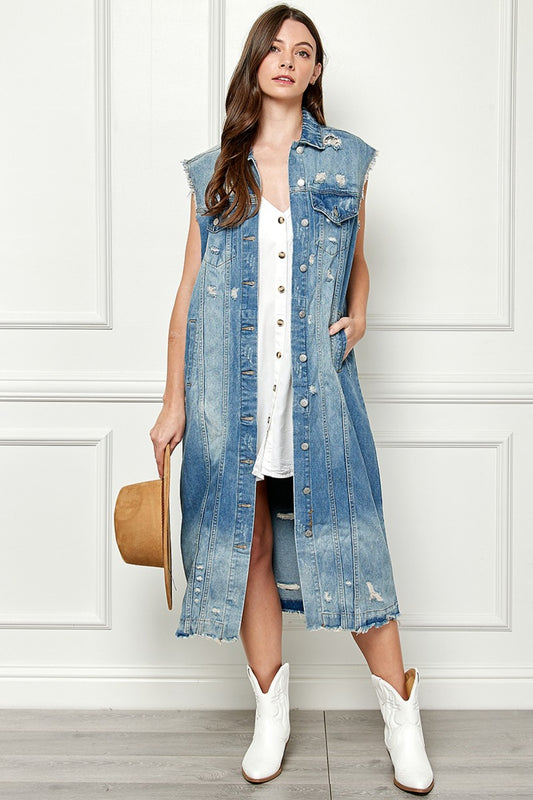 Full Size Distressed Sleeveless Longline Denim Jacket for Women | Jackets | Ro + Ivy