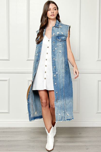 Full Size Distressed Sleeveless Longline Denim Jacket for Women | Jackets | Ro + Ivy