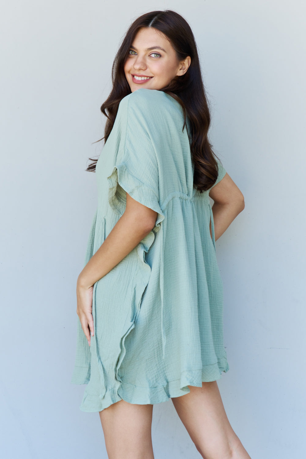Full Size Ruffle Hem Short Dress with Drawstring Waistband in Light Sage for Women | Midi Dresses | Ro + Ivy