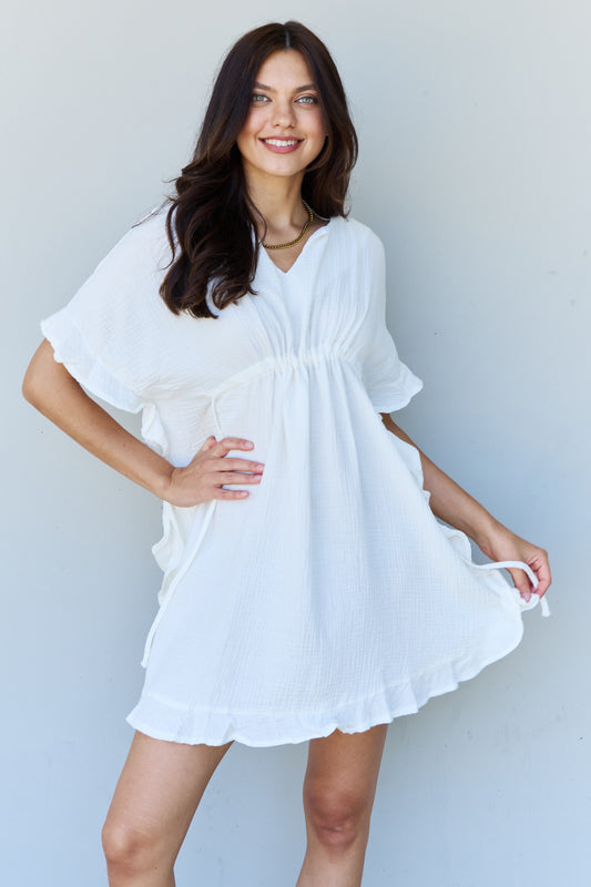 Full Size Ruffle Hem Short Dress with Drawstring Waistband in White for Women | Mini Dresses | Ro + Ivy