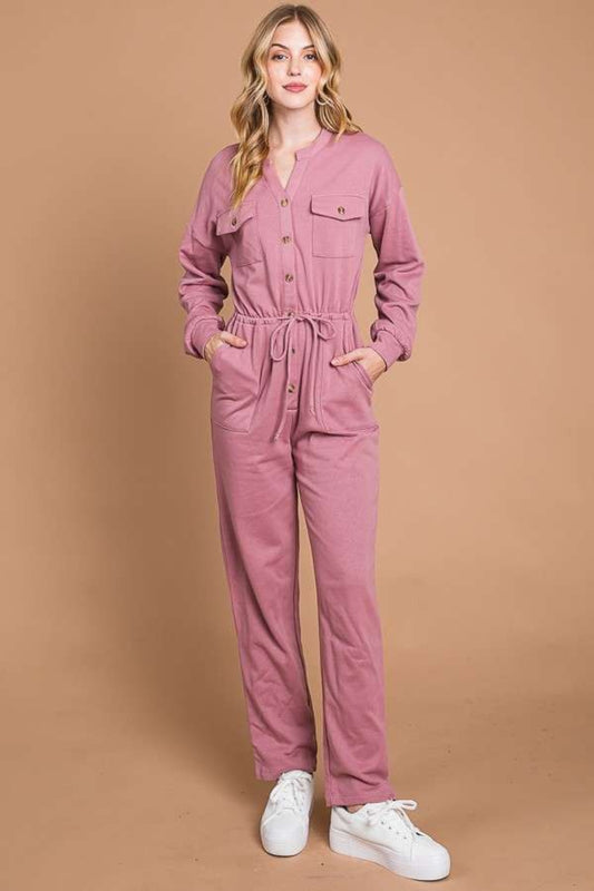 Women's Full Size Button Up Drawstring Waist Straight Jumpsuit | Jumpsuits | Ro + Ivy