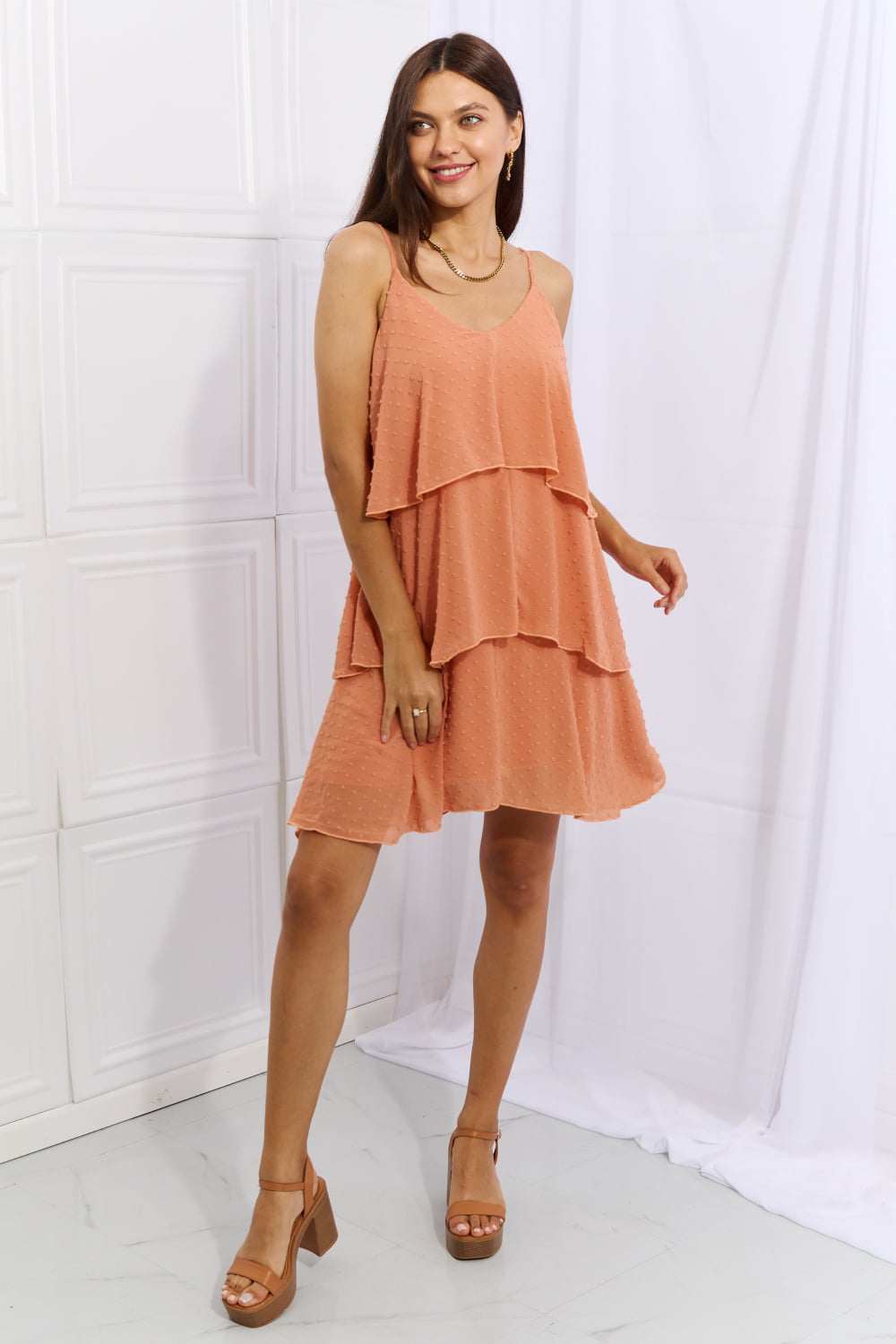Women's Full Size Cascade Ruffle Short Cami Dress in Sherbet | Mini Dresses | Ro + Ivy