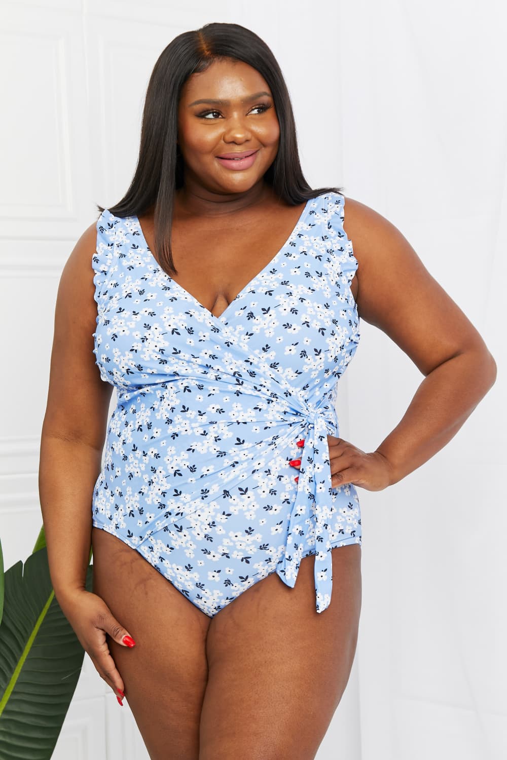 Women's Full Size Float On Ruffle Faux Wrap One-Piece Swimsuit in Blossom Blue | Swimsuit | Ro + Ivy