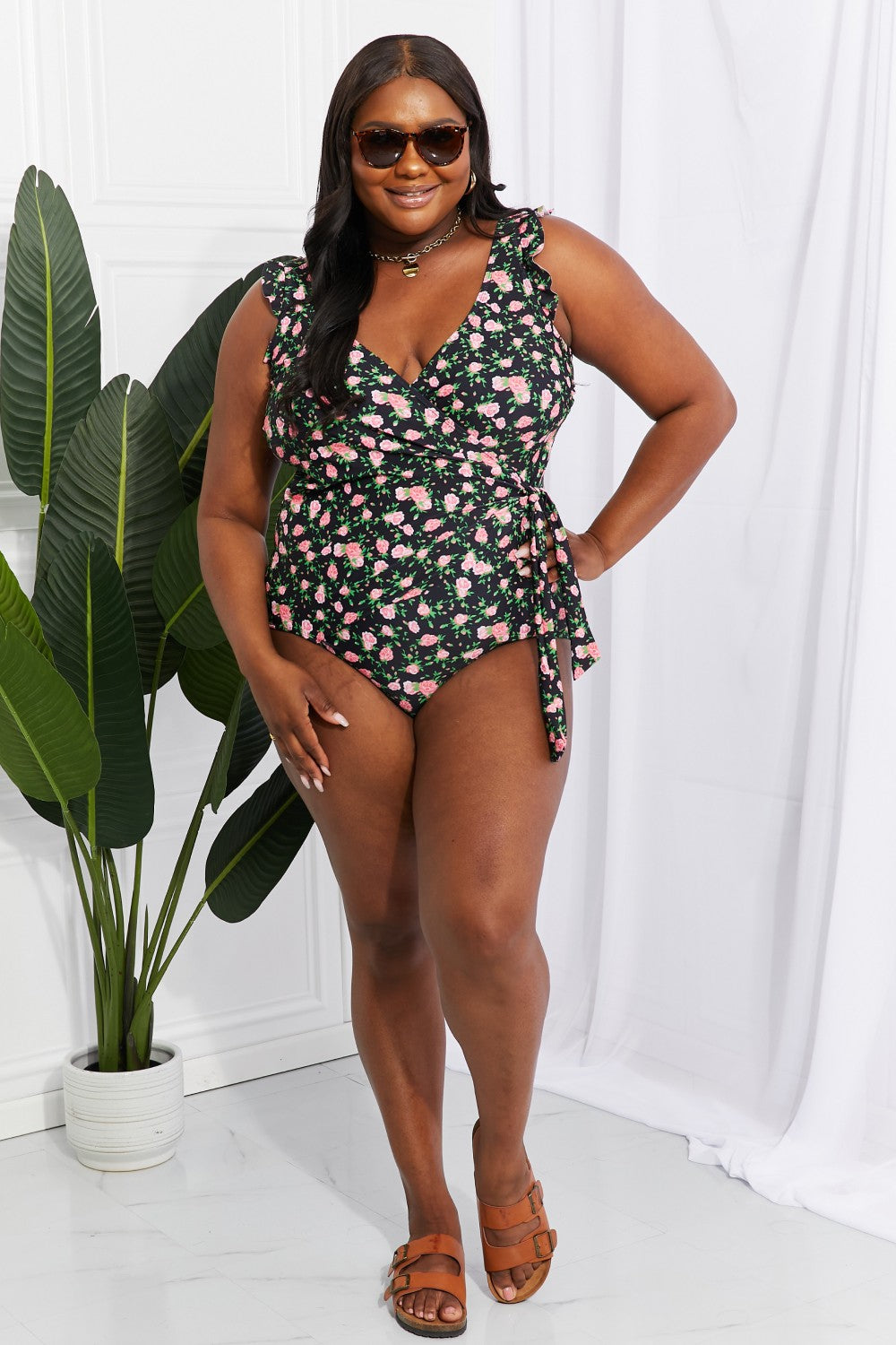 Women's Full Size Float On Ruffle Faux Wrap One-Piece Swimsuit in Floral | Swimsuit | Ro + Ivy