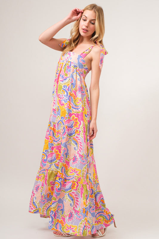 Women's Full Size Printed Tie Shoulder Tiered Maxi Dress | Maxi Dresses | Ro + Ivy