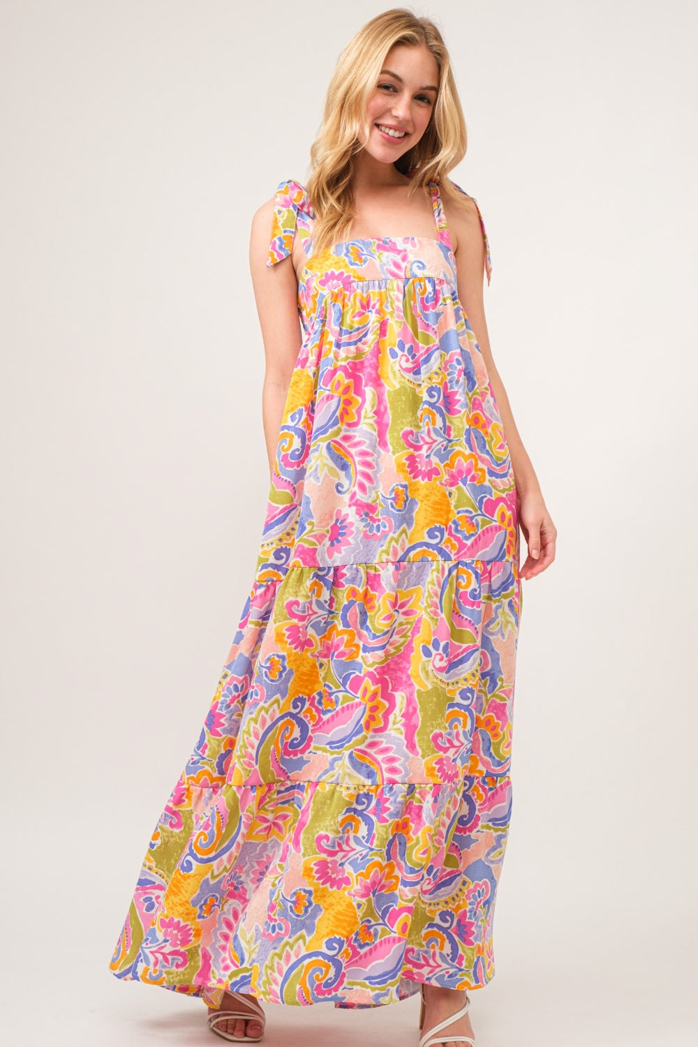 Women's Full Size Printed Tie Shoulder Tiered Maxi Dress | Maxi Dresses | Ro + Ivy