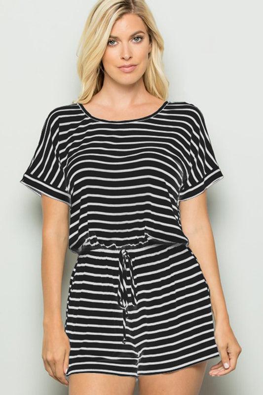 Women's Full Size Striped Round Neck Short Sleeve Romper | Rompers | Ro + Ivy