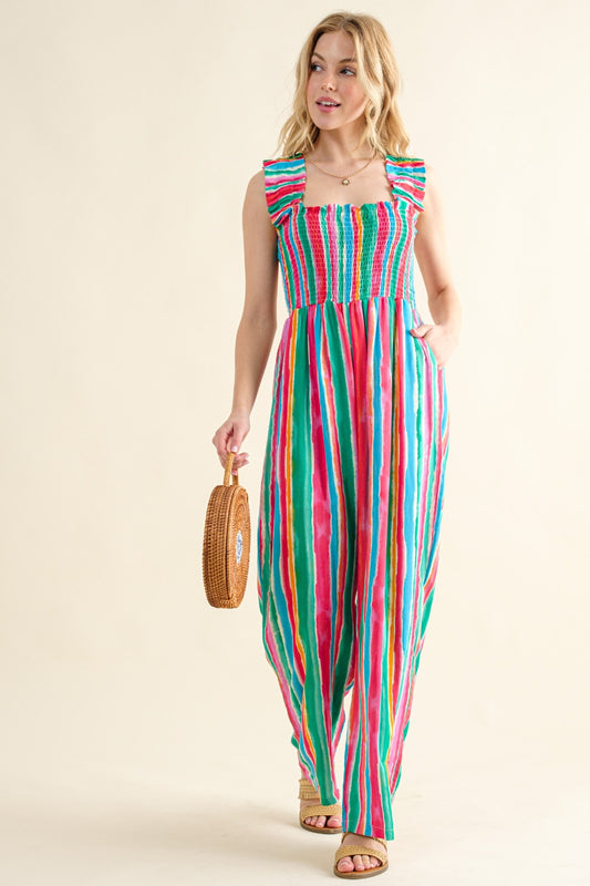 Women's Full Size Striped Smocked Sleeveless Jumpsuit | Jumpsuits | Ro + Ivy