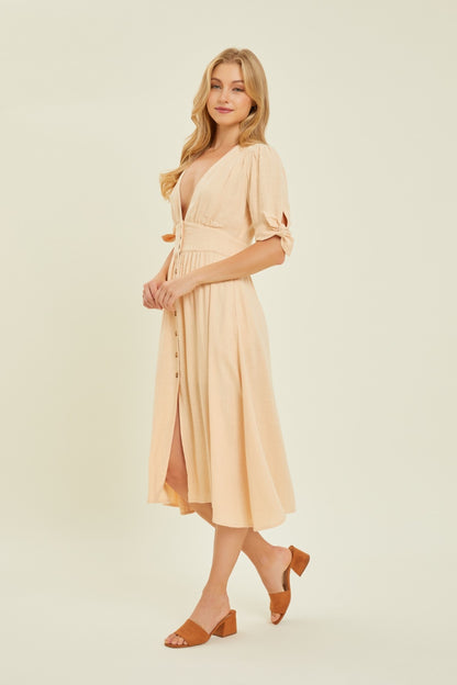 Women's Full Size Textured Linen V-Neck Button-Down Midi Dress | Midi | Ro + Ivy