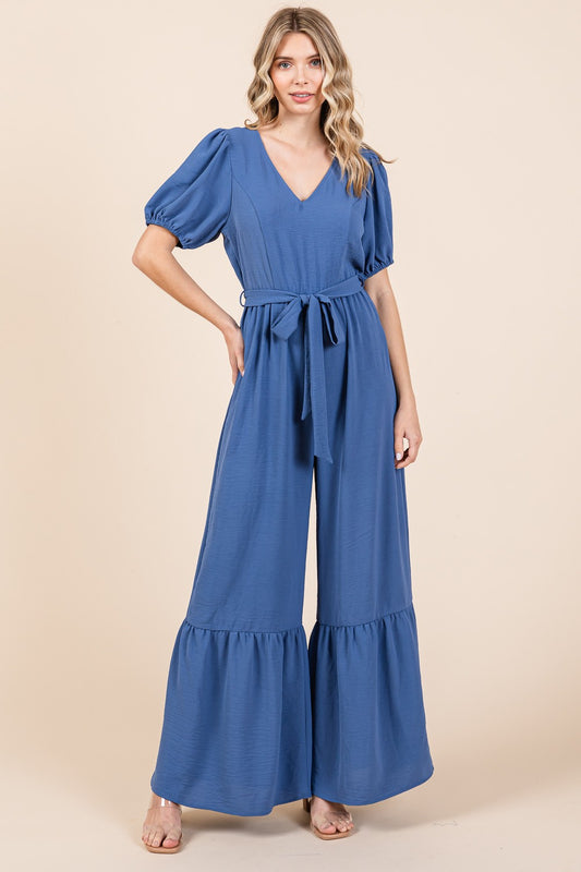Women's Full Size V-Neck Belted Wide Leg Jumpsuit | Jumpsuits | Ro + Ivy