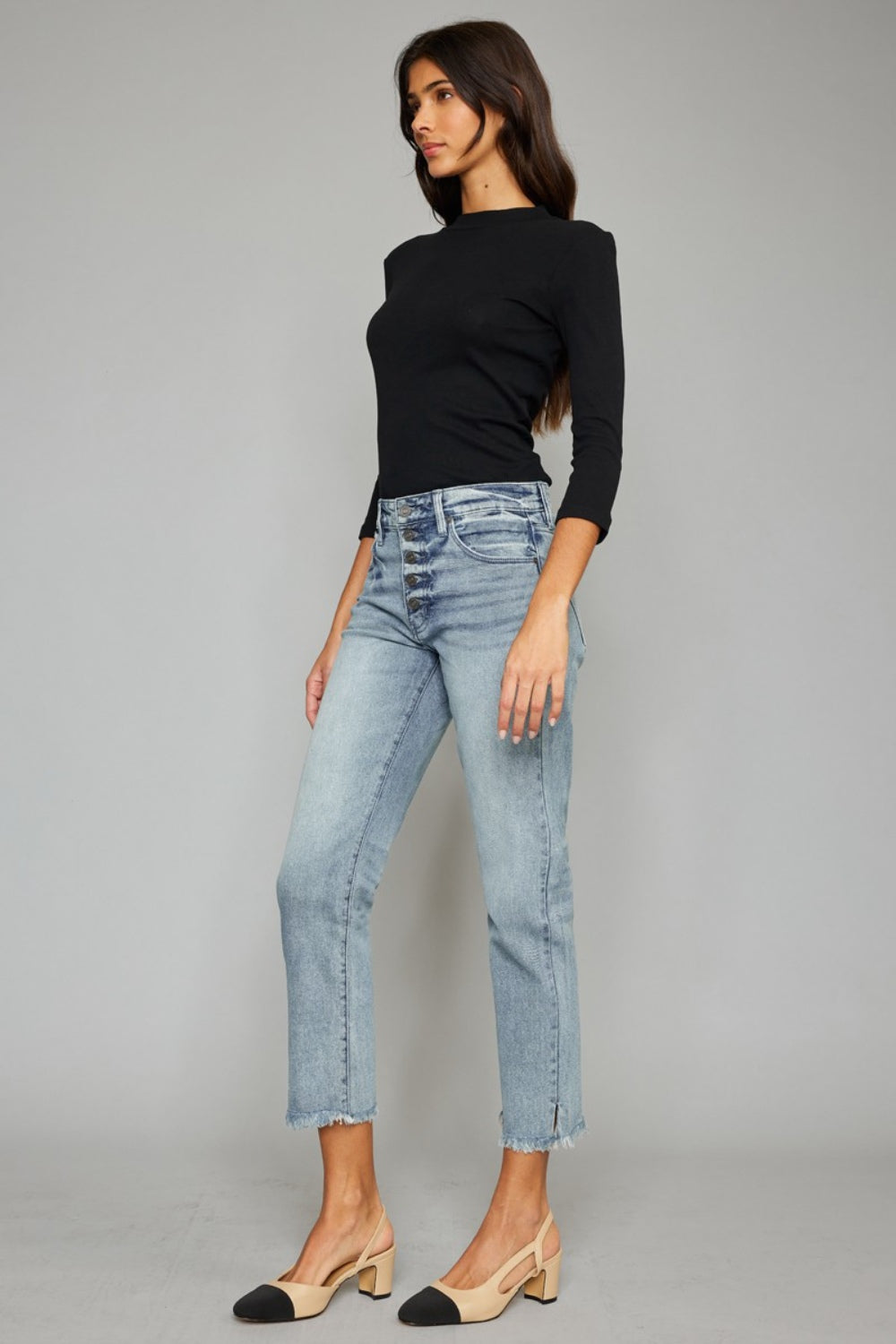 Women's High Waist Button Fly Raw Hem Cropped Straight Jeans | Jeans | Ro + Ivy