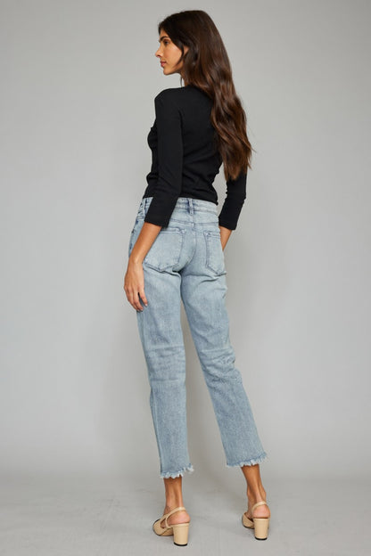 Women's High Waist Button Fly Raw Hem Cropped Straight Jeans | Jeans | Ro + Ivy