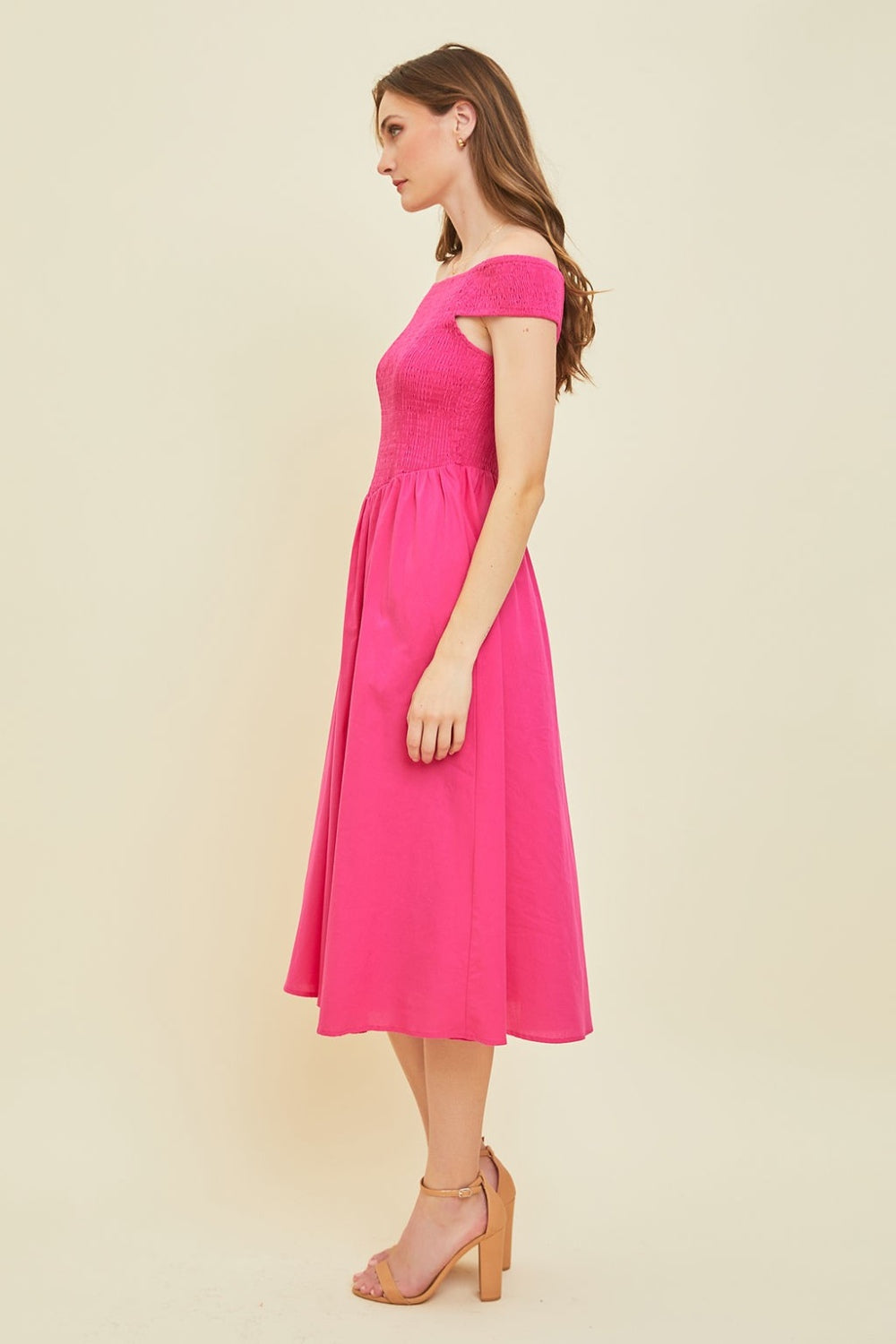 Women's Off-Shoulder Smocked Midi Dress | Midi Dresses | Ro + Ivy