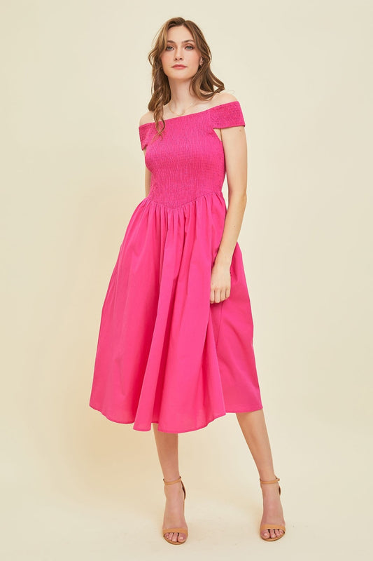 Women's Off-Shoulder Smocked Midi Dress | Midi Dresses | Ro + Ivy
