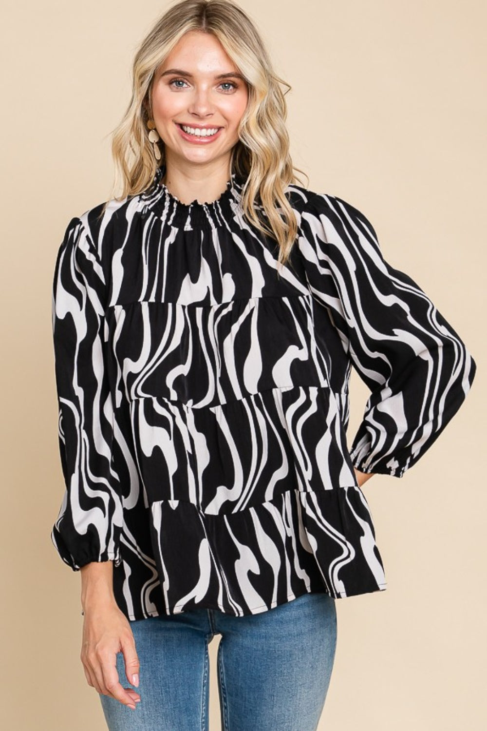 Women's Printed Smock Neck Tiered Blouse | Blouses | Ro + Ivy
