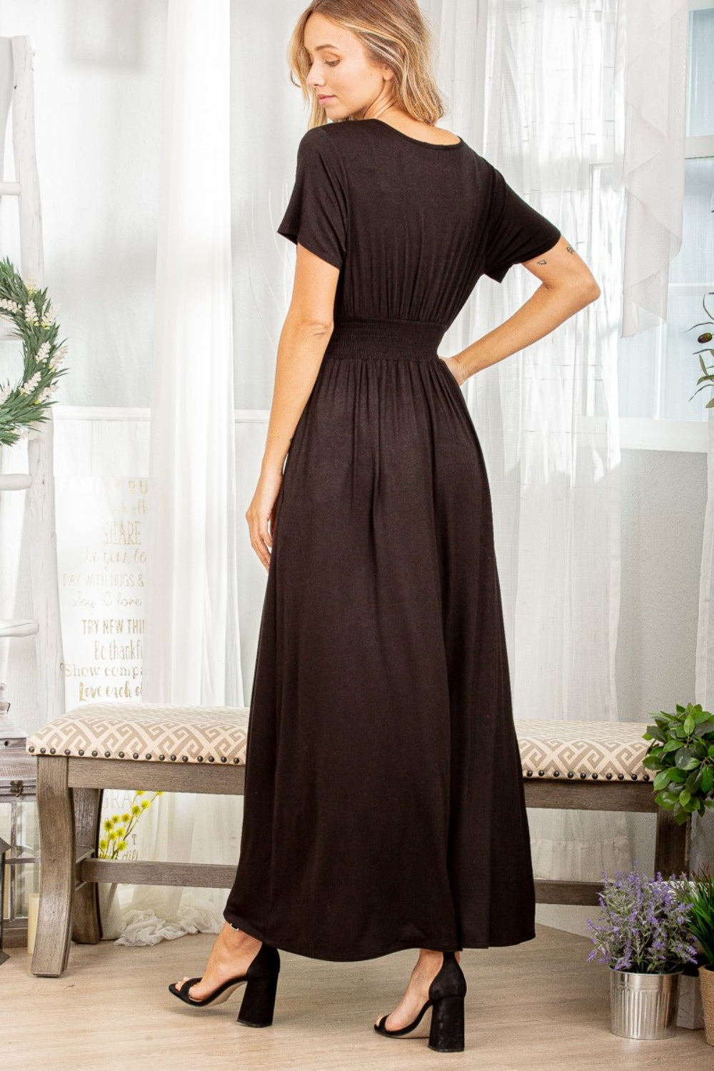 Women's Ruched Pocketed Surplice Short Sleeve Maxi Dress | Maxi Dresses | Ro + Ivy