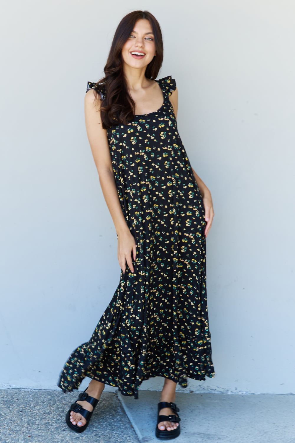 Women's Ruffle Floral Maxi Dress in Black Yellow Floral | Maxi Dresses | Ro + Ivy